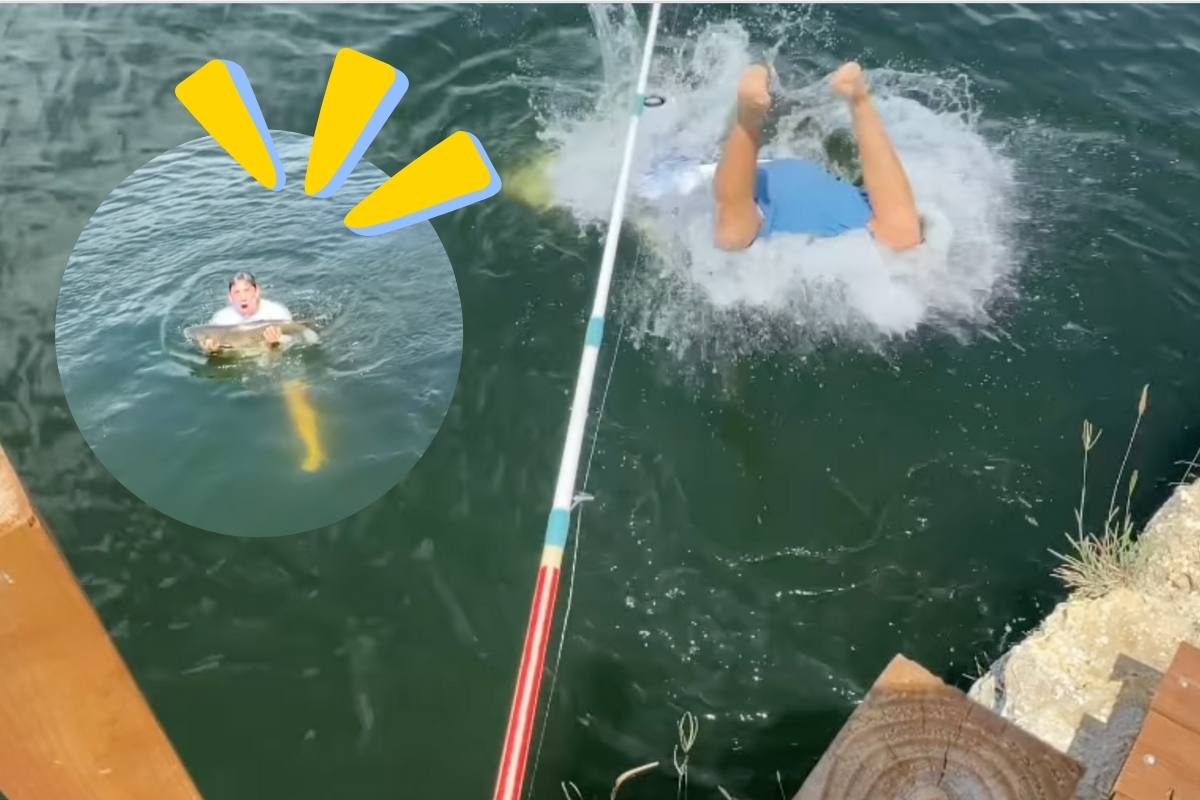 dad catches fish with hands after line snaps