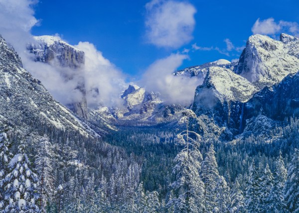 A mountain landscape covered in snow